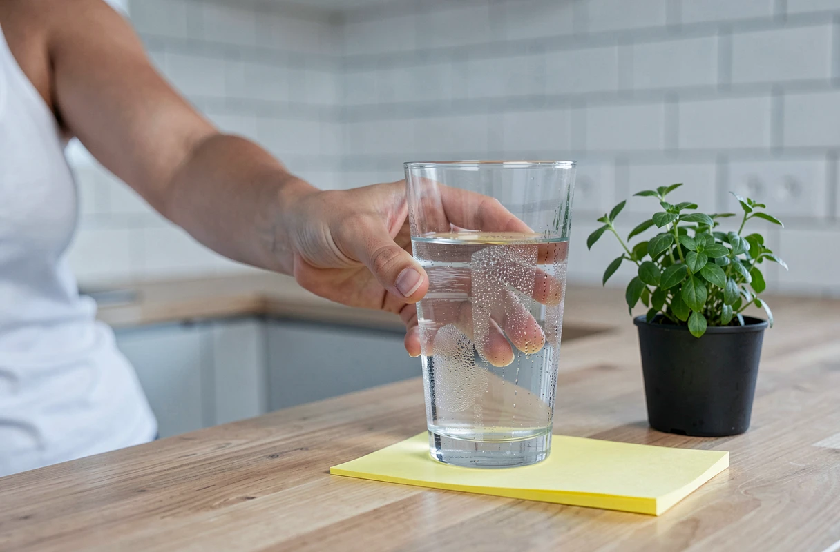 Femme attrapant un verre d'eau associé à un repère visuel collé sur le comptoir de cuisine