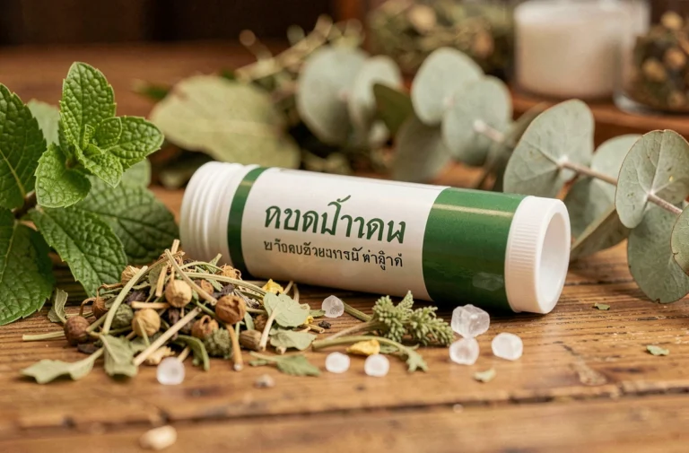 Inhalateur thaïlandais posé sur des herbes aromatiques séchées, eucalyptus et menthe poivrée, sur une table en bois rustique