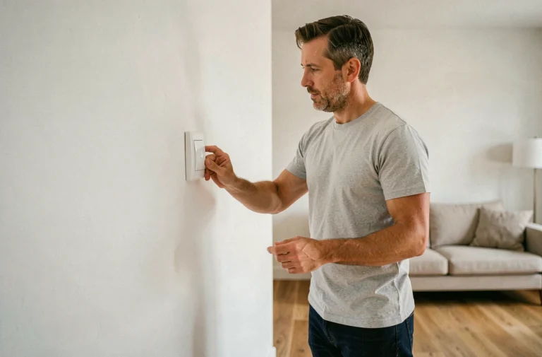 Homme installant un interrupteur sans fil sur un mur blanc dans un salon moderne