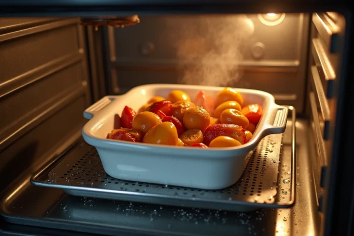 Intérieur d'un four à vapeur avec plateau perforé, gouttelettes d'eau et légumes rôtis dans un plat en céramique