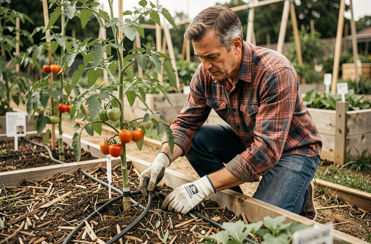 Jardinier inspectant un plant de tomates et réglant l'irrigation pour prévenir la peau fine des fruits