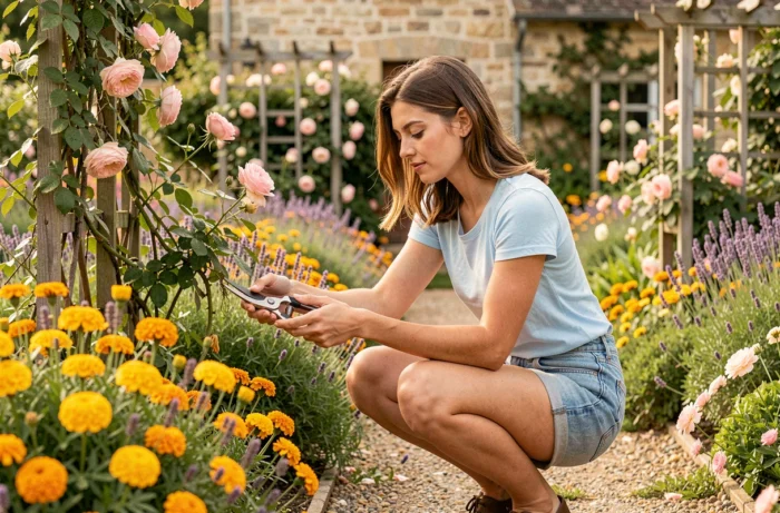Jeune femme entretenant des massifs de fleurs colorées dans un jardin de style champêtre avec des cisailles