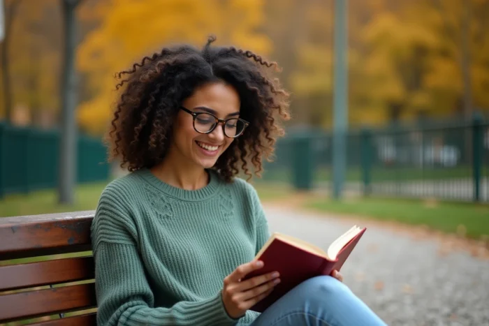 Jeune femme portant des lunettes à faible correction lisant un livre dans un parc en automne