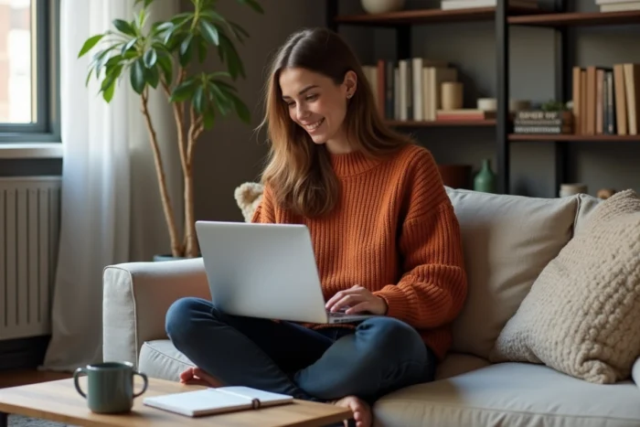 Jeune femme travaillant sur les meilleurs outils internet depuis son appartement avec un ordinateur portable