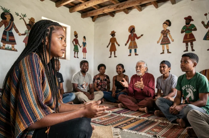 Une jeune adolescente écoute attentivement un conteur traditionnel dans un centre culturel communautaire, illustrant la transmission vivante des racines culturelles et de l'identité