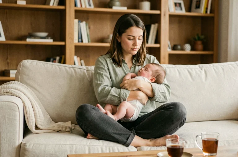 Jeune maman sereine tenant son nourrisson endormi sur un canapé dans un salon cosy et chaleureux
