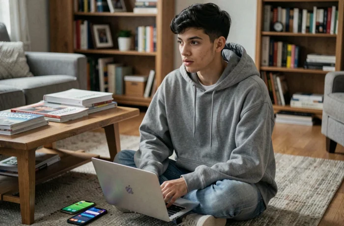 Jeune personne consultant les dernières actualités sur un ordinateur portable à domicile