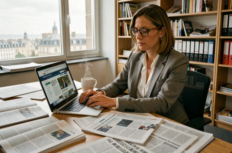 Journaliste femme travaillant dans une salle de rédaction moderne avec un laptop et des articles imprimés, actualités Web Ouest