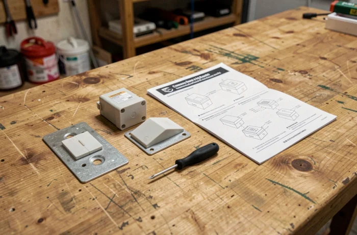 Kit d'interrupteur sans fil avec notice et outils posés sur un établi en bois