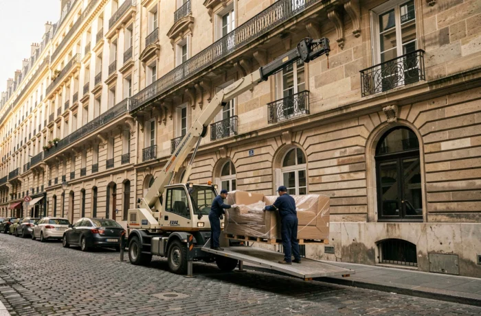 Camion élévateur de déménagement déployé devant un immeuble haussmannien à Paris avec deux déménageurs professionnels guidant un canapé sur la plateforme