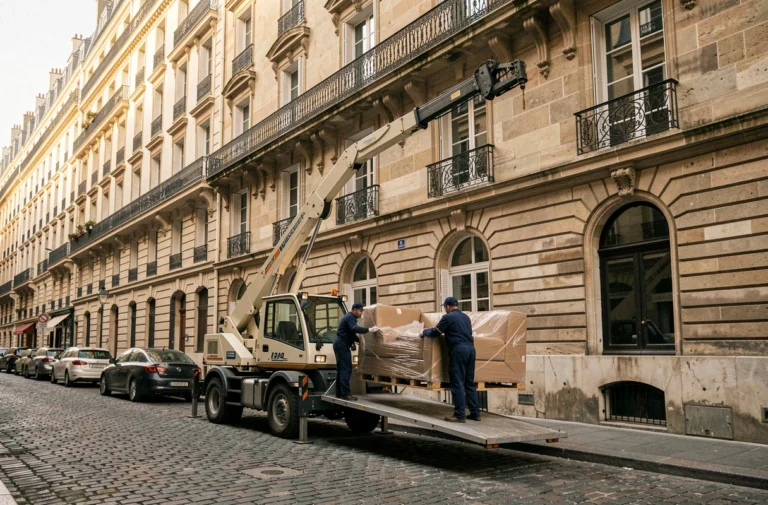Camion élévateur de déménagement déployé devant un immeuble haussmannien à Paris avec deux déménageurs professionnels guidant un canapé sur la plateforme