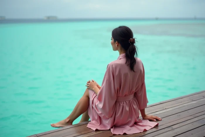 Mariée en peignoir en soie assise sur la terrasse d'un bungalow sur l'eau aux Maldives pendant sa lune de miel