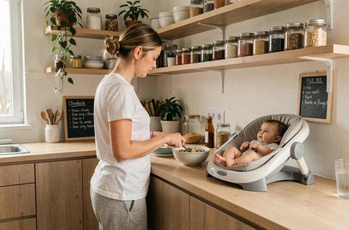 Maman multitâche préparant un repas dans sa cuisine tout en surveillant son bébé installé dans un transat