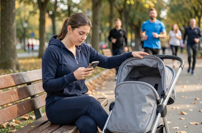 Jeune maman assise sur un banc de parc consultant son téléphone pendant une promenade avec le landau