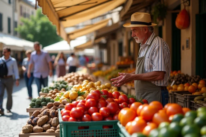 Étal de marché provençal avec légumes du soleil, fromages et charcuterie vendus par un producteur local