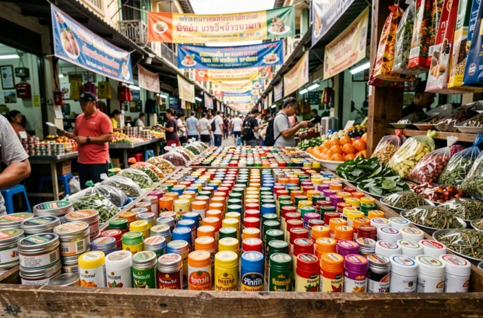 Étal de marché thaïlandais présentant une large sélection d'inhalateurs traditionnels colorés et de produits à base de plantes
