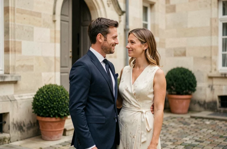 Couple élégant en tenue de cérémonie devant un bâtiment parisien en pierre, évoquant un mariage discret et raffiné