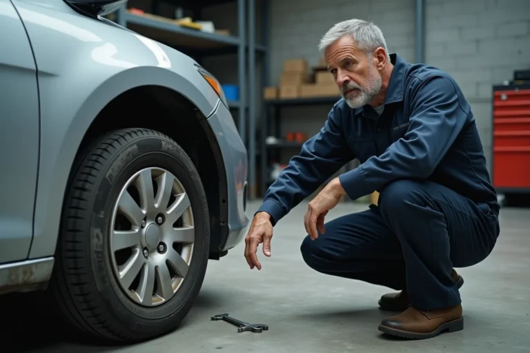 Mécanicien inspectant les roues directrices d'une voiture garée dans un atelier automobile