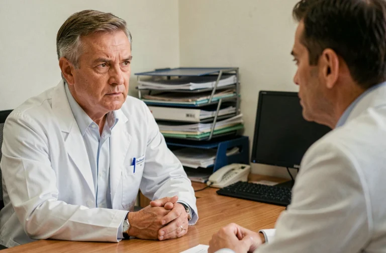 Médecin contrôleur discutant avec un patient lors d'une visite médicale de contrôle en cabinet