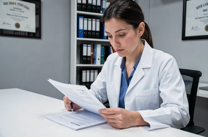 Médecin expert analysant des documents médicaux dans un bureau administratif lors d'un contrôle médical