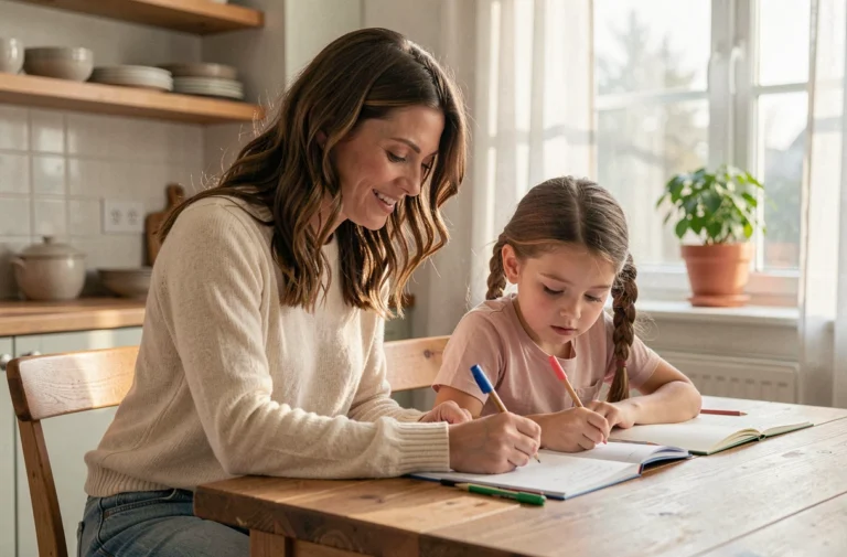 Mère aidant sa fille aux devoirs à la table de cuisine en bois, scène familiale quotidienne chaleureuse