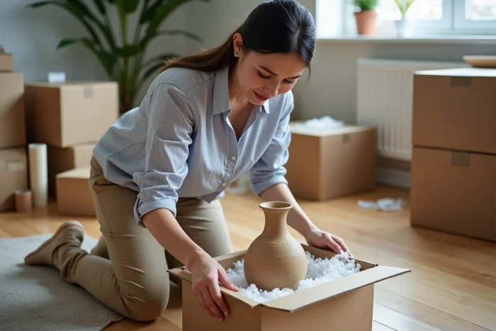 Femme emballant un objet fragile avec la méthode du double carton, plaçant une petite boîte dans une plus grande remplie de papier kraft