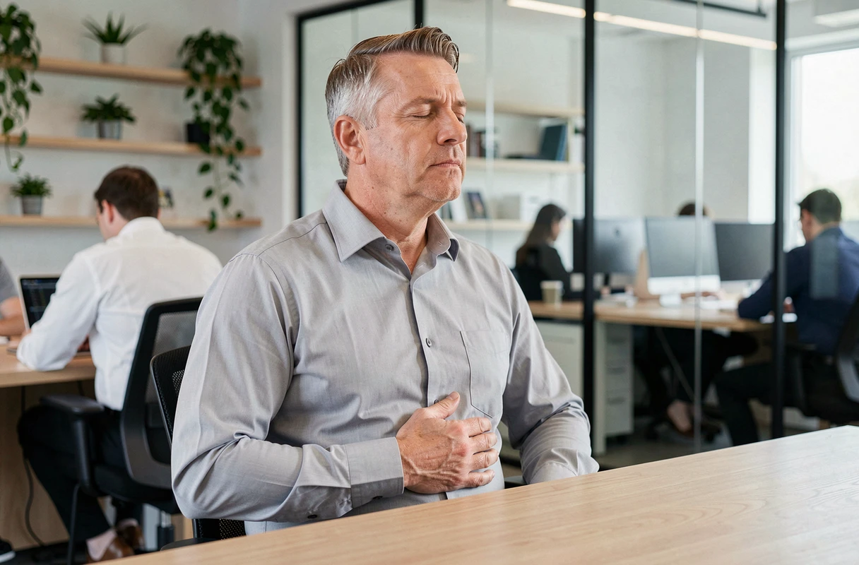 Homme pratiquant la micro-respiration abdominale assis à son bureau au travail