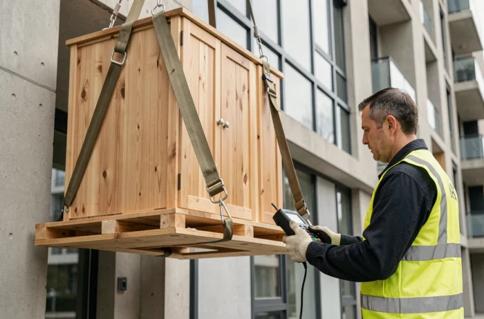Déménageur professionnel opérant une plateforme élévatrice de déménagement pour monter une armoire en bois le long d'un immeuble moderne