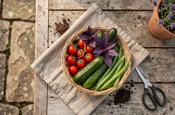 Panier en osier rempli de légumes frais du potager posé sur une table en bois rustique, vue de dessus