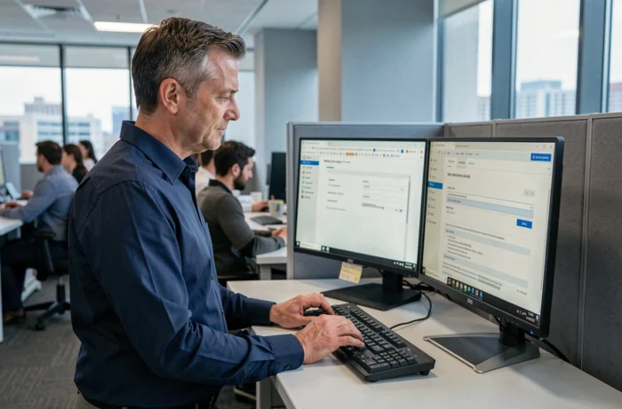 Homme paramétrant un compte email personnel sur un ordinateur de bureau en open space professionnel
