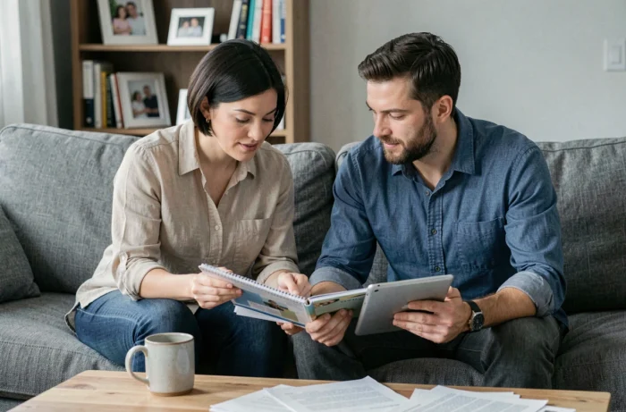 Couple de parents consultant un planning familial sur canapé, organisation du quotidien à la maison