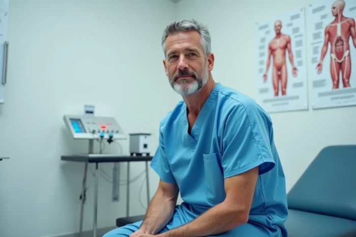 Patient en robe d'hôpital assis sur une table d'examen dans une salle de consultation urologique moderne