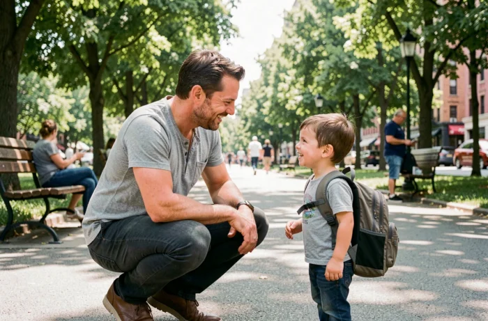 Père et fils dans un parc urbain, moment de complicité parentale en plein air au quotidien
