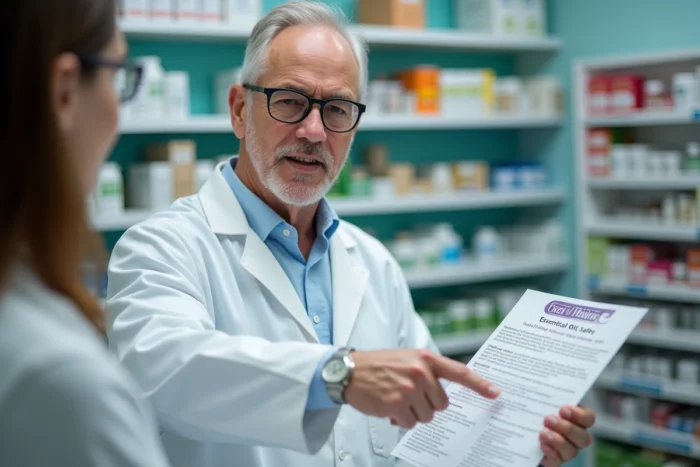 Pharmacien conseillant un client sur les risques des huiles essentielles pour le foie dans une pharmacie, brochure d'information en main