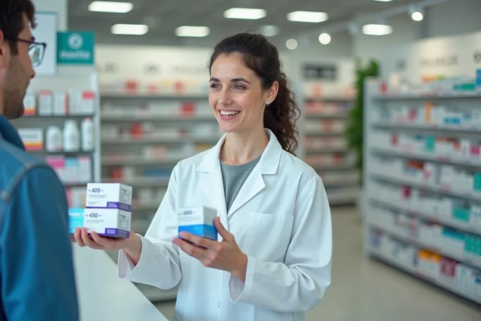 Pharmacienne comparant deux crèmes antidouleur en vente libre en pharmacie