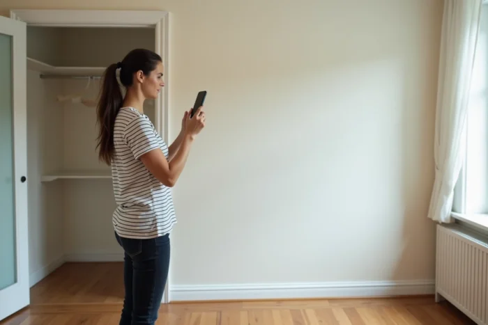 Femme photographiant une chambre vide avec son smartphone avant de commencer l'emballage des affaires