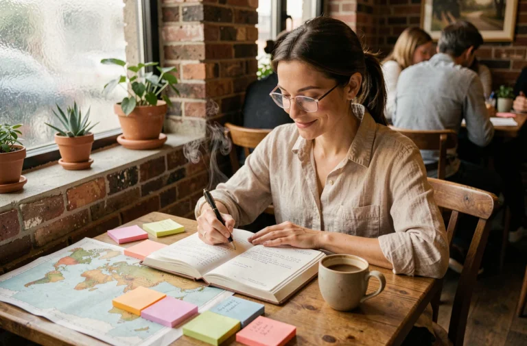Femme planifiant un voyage autour du monde avec une carte et un carnet de voyage dans un café chaleureux