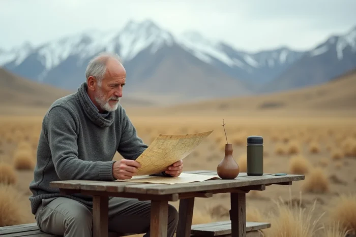 Voyageur planifiant son itinéraire en Patagonie argentine avec une carte et un mate
