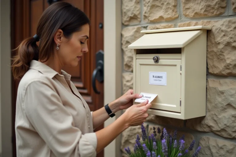 Femme apposant une étiquette avec deux noms sur une boîte aux lettres murale en pierre