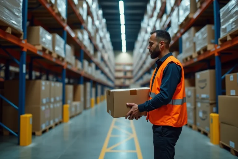 Préparateur de commandes Amazon en gilet orange scannant un colis dans un entrepôt de nuit