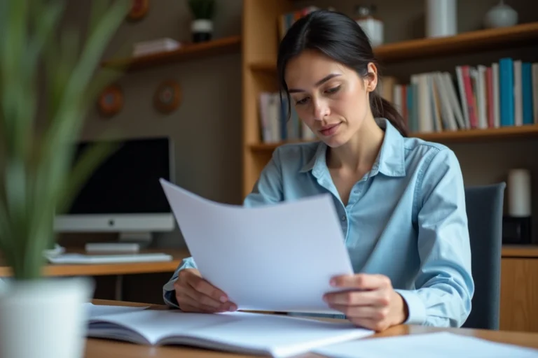Femme préparant son dossier de demande de logement social à son bureau à domicile