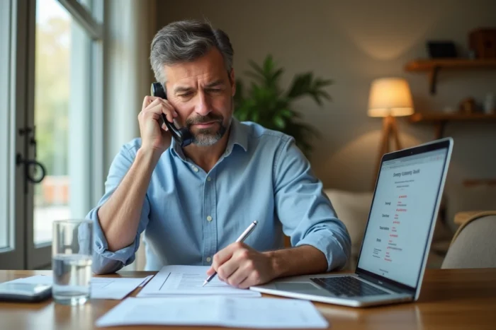Homme téléphonant à ses fournisseurs d'énergie trois semaines avant le déménagement, liste de contacts sous la main