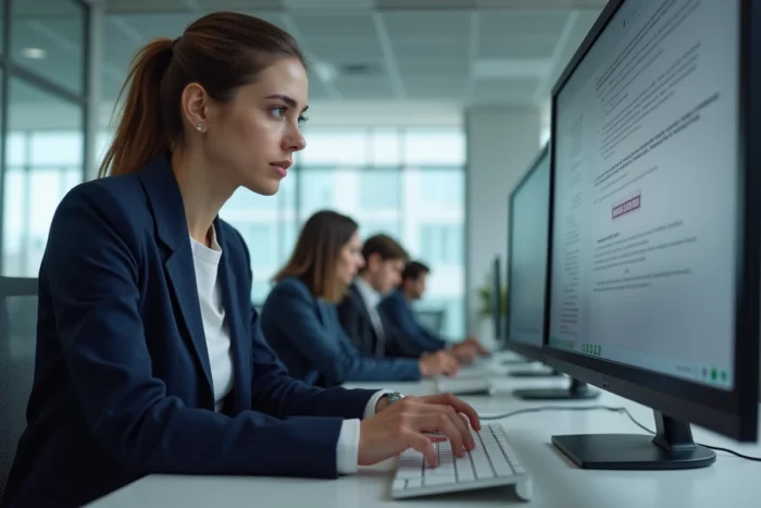 Femme professionnelle face à un problème d'accès à un service cloud dans un bureau moderne en open space