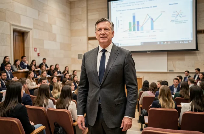Professeur de finance donnant une conférence dans un amphithéâtre de grande école devant des étudiants du master El Karoui
