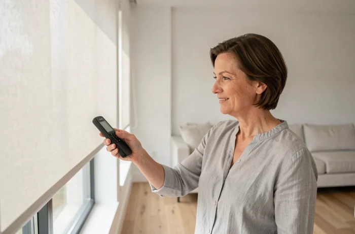 Femme programmant une télécommande Somfy RTS devant un store motorisé dans un salon moderne