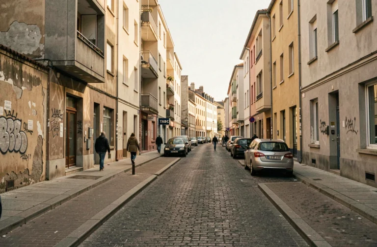 Rue résidentielle d'un quartier d'Alès avec immeubles des années 70 et habitants en balade, ambiance urbaine authentique