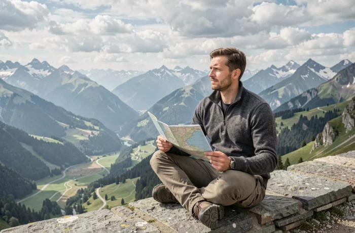 Randonneur consultant une carte face à un panorama montagneux lors d'un voyage aventure autour du monde