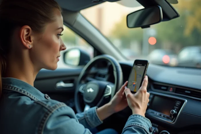 Femme conductrice regardant l'application Mappy sur son smartphone monté dans la voiture avec l'icône son désactivé visible
