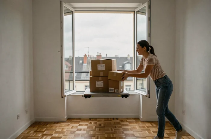 Femme recevant des cartons de déménagement livrés par une plateforme élévatrice directement à la fenêtre de son appartement au troisième étage
