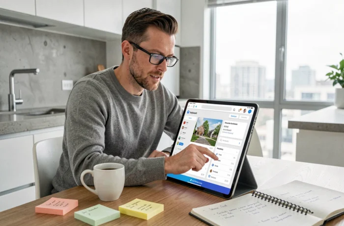 Homme recherchant des annonces immobilières sur tablette à son domicile avec notes et critères de recherche
